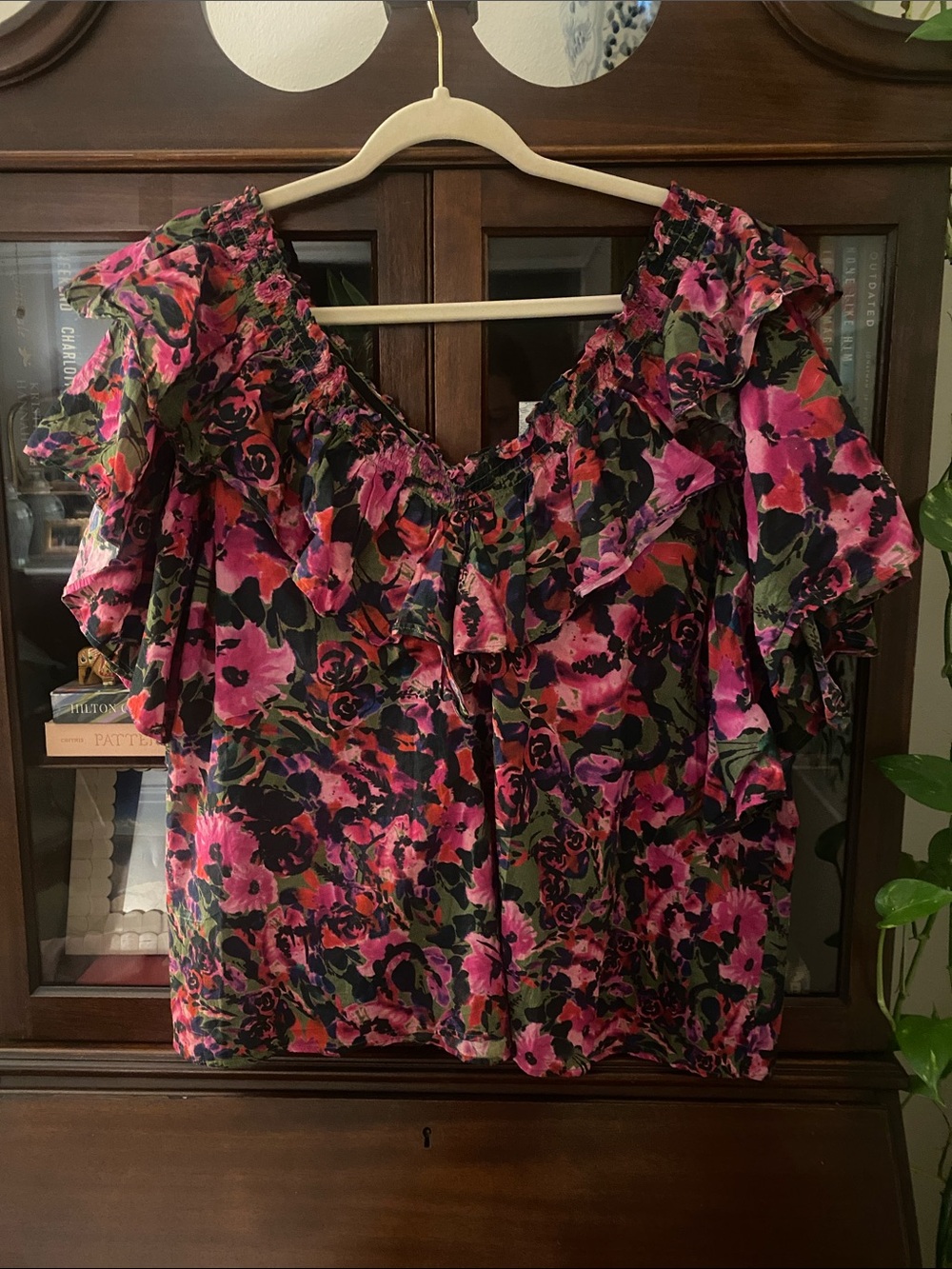 Something Navy Pink & Green Floral Ruffle Top